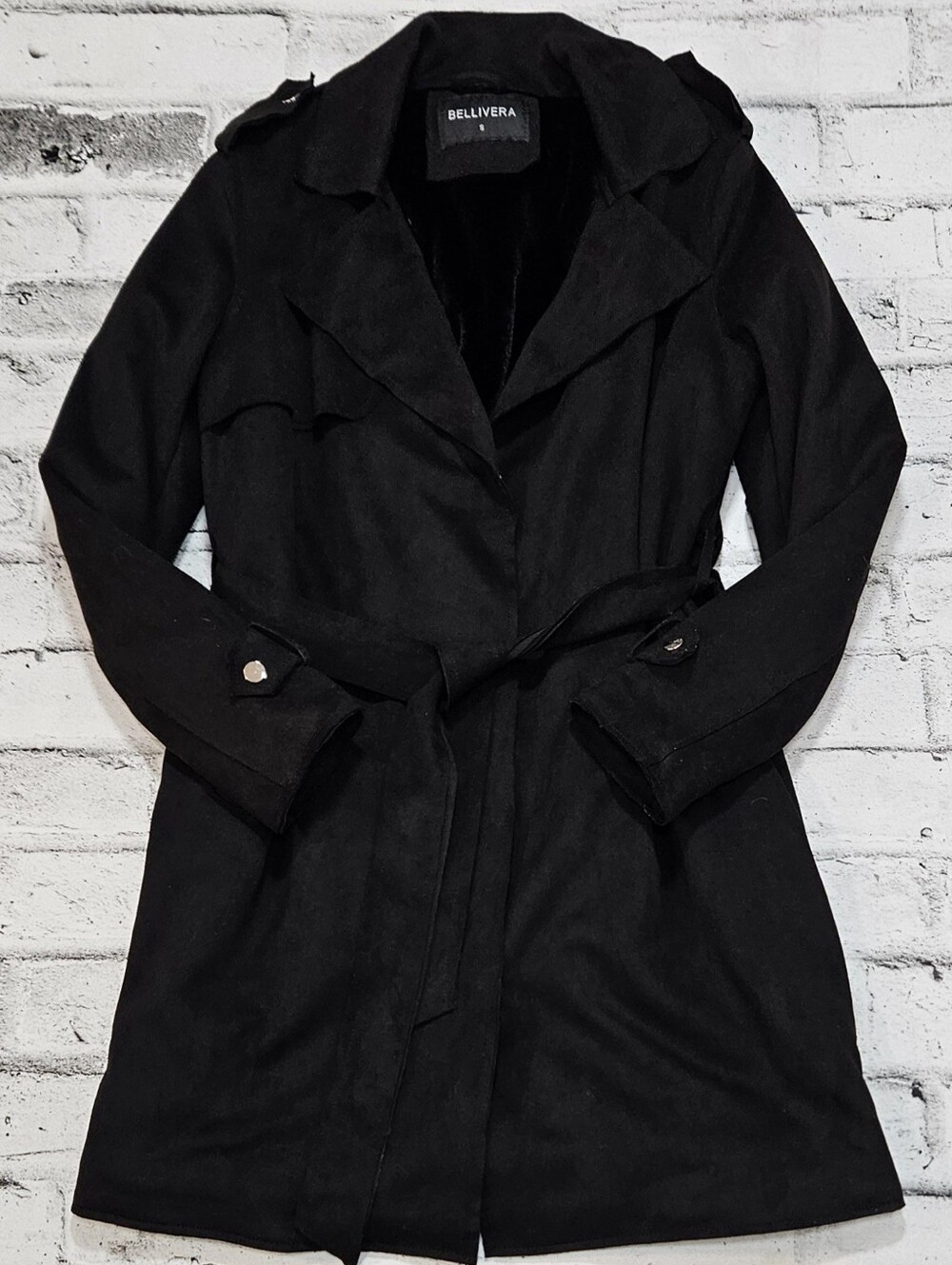 Bellivera Faux Suede Trench Coat Small Black Belted Longline Jacket